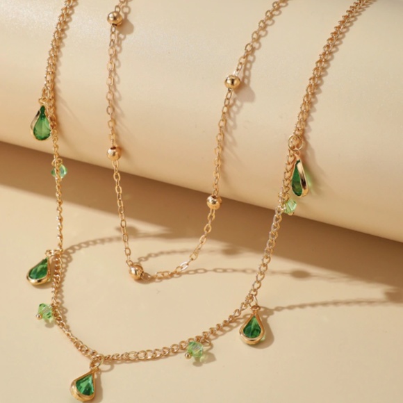 Water Drop Green Tear Shaped Layered Gold Necklace - Picture 4 of 7